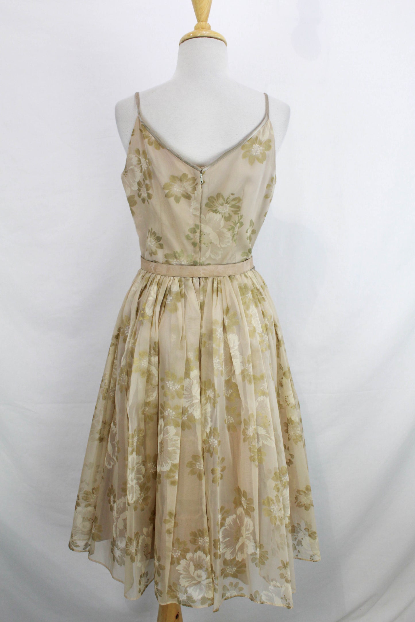 1950s Taupe Floral Print Chiffon Party Dress, Full Skirt Gathered with Matching Belt, Spaghetti Straps, Vintage 50s Womens Fit and Flare, True Vintage, Ian Drummond Vintage