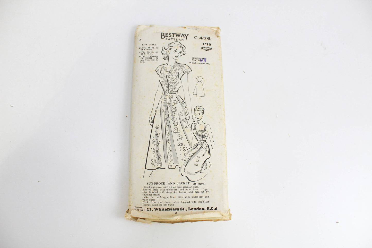 1940s Sun Dress and Jacket Sewing Pattern Bestway C476, Bust 36,