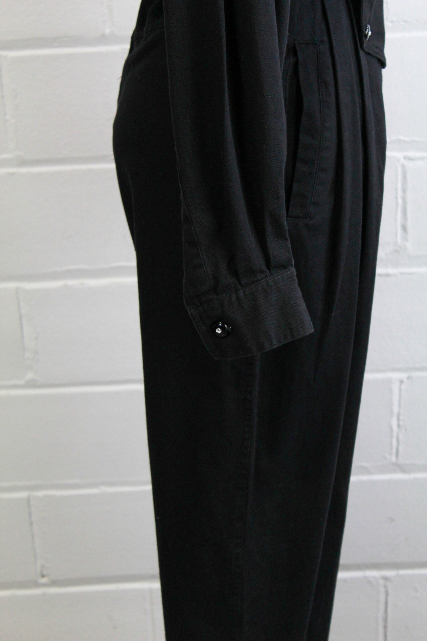 1980s Black Cotton Jumpsuit with Bib Front, Small