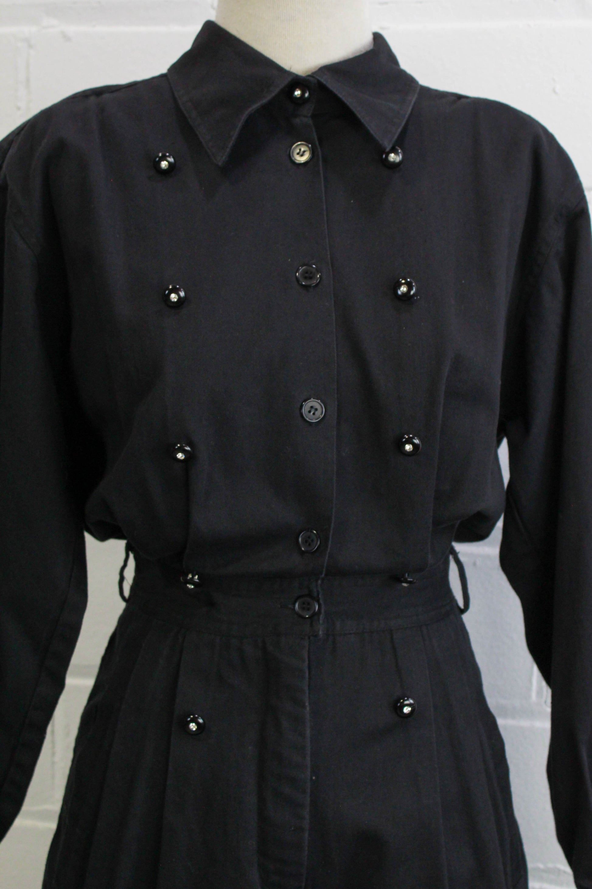 1980s womens jumpsuit black cotton with bib front, collar button up front without bib 