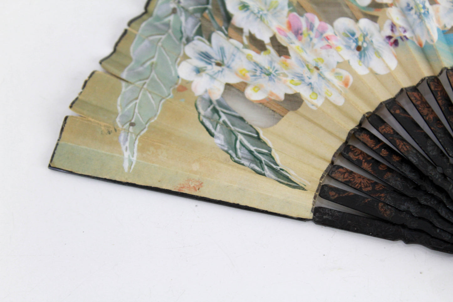 Antique Japanese Painted Cherry Blossom Floral Paper & Wood Hand Fan
