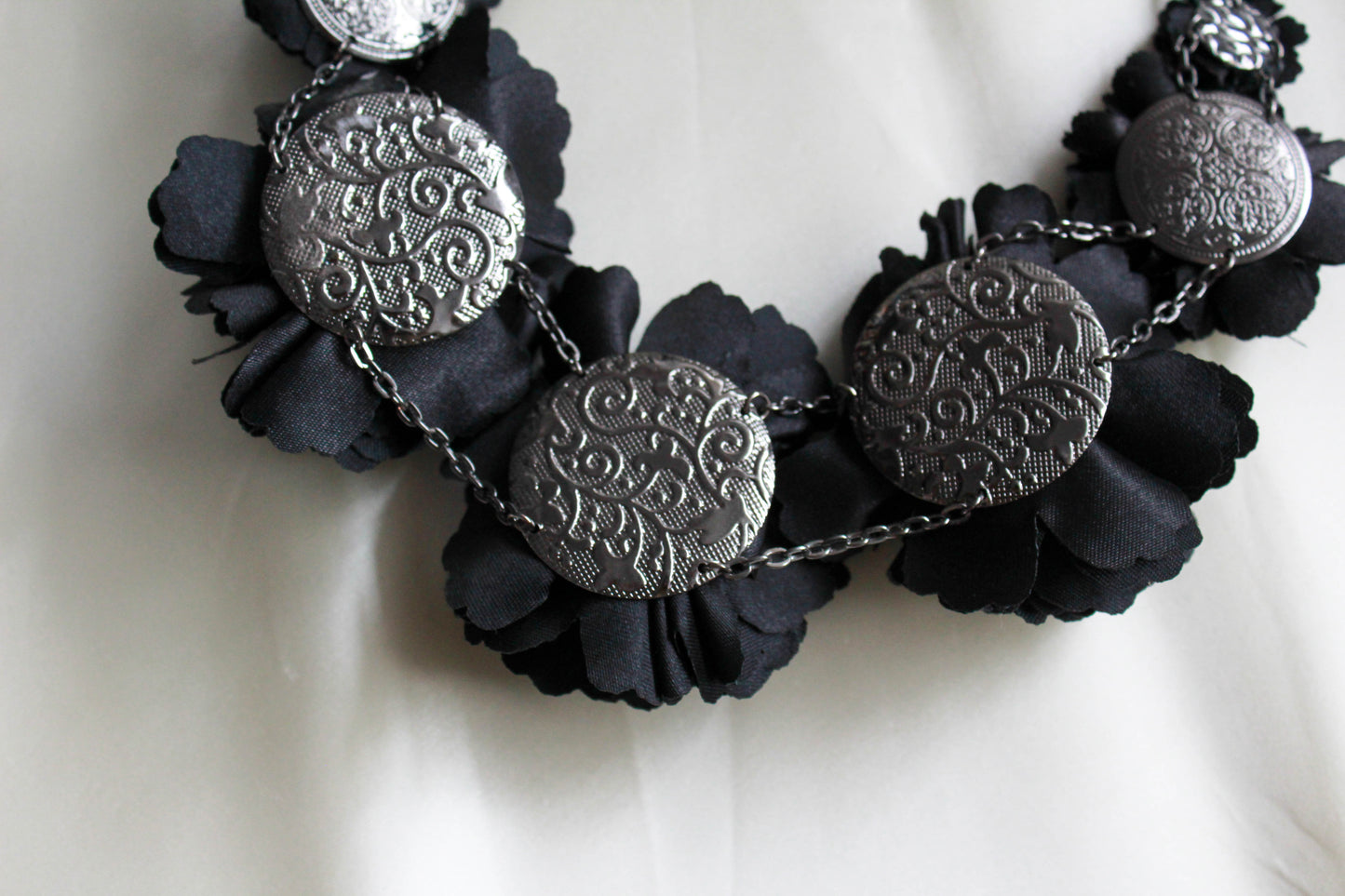 1990s Black Fabric Rosette Necklace