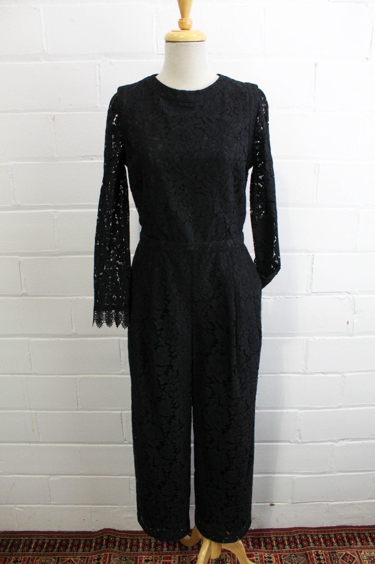 black lace jumpsuit party holiday outfit sheer lace sleeves front view