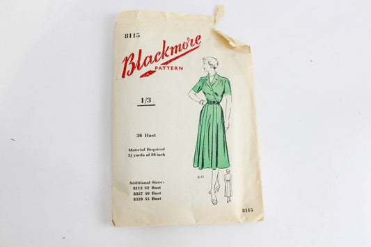 1950s Shirtwaist Dress Sewing Pattern Blackmore 8115, Bust 36