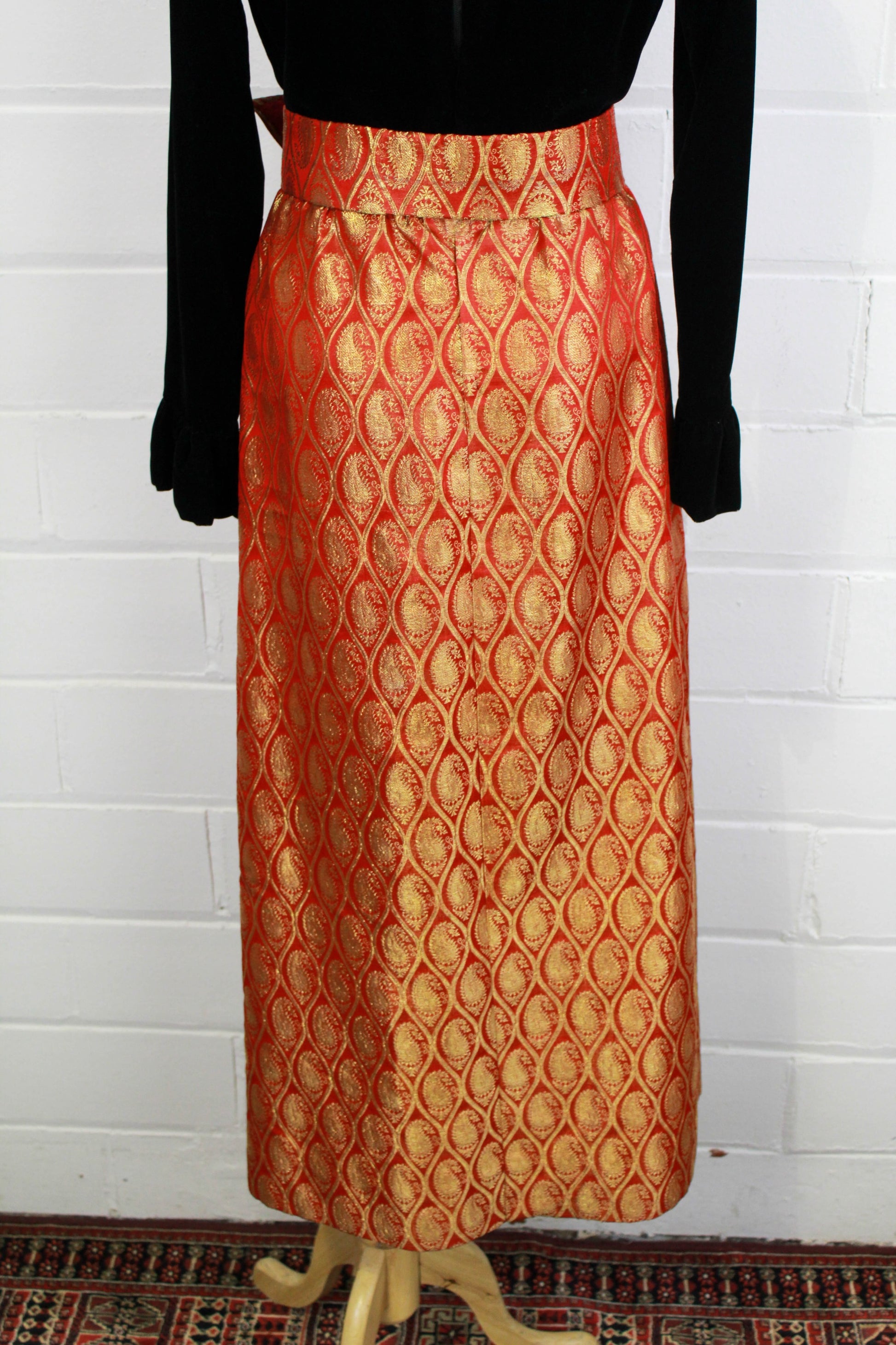 1970s maxi dress black velvet with red and gold metallic brocade skirt, ruffle collar back view