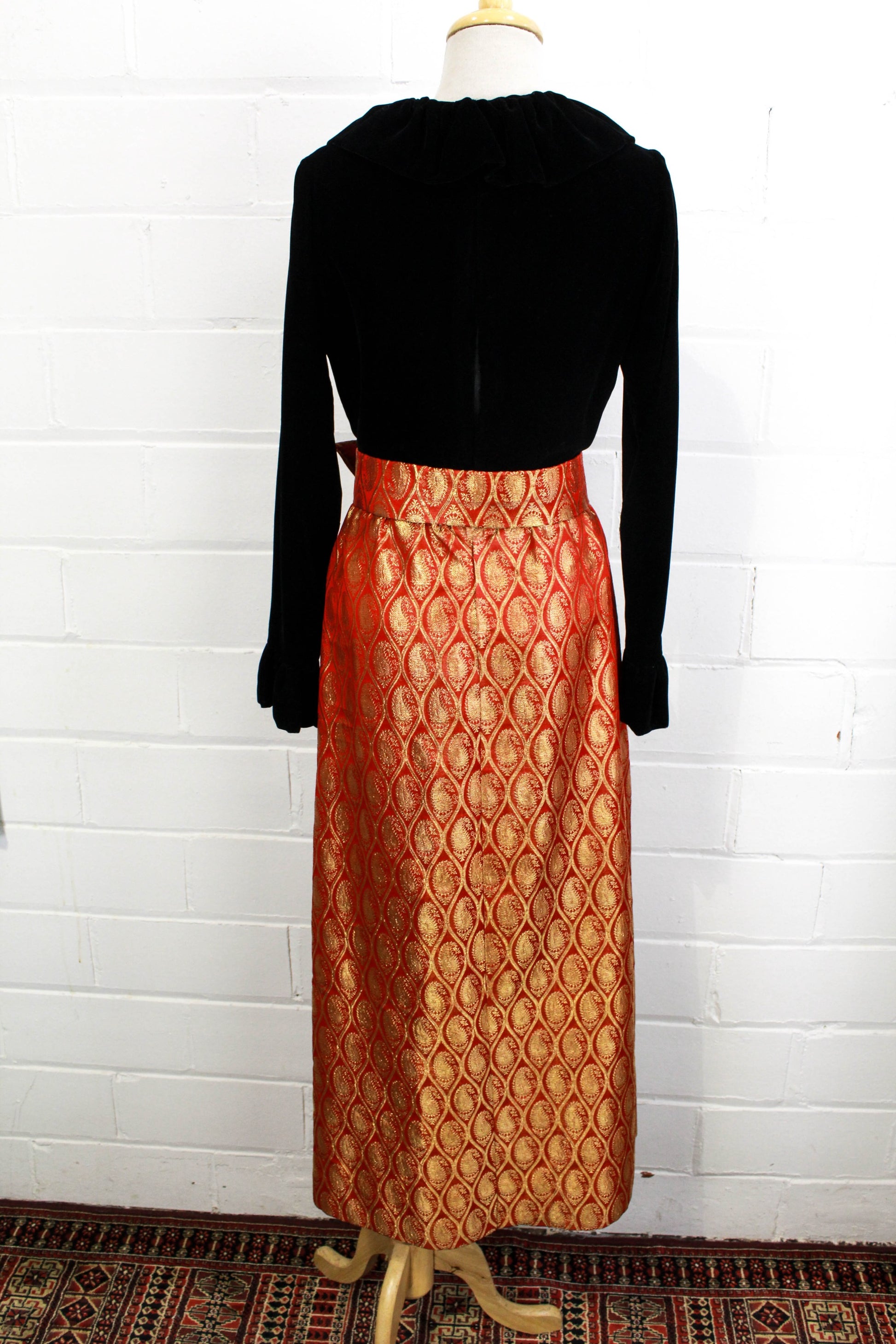 1970s maxi dress black velvet with red and gold metallic brocade skirt, ruffle collar back view