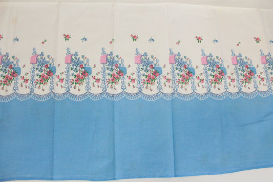 1940s blue and pink flower border print cotton fabric feedsack pillowcase sewing
