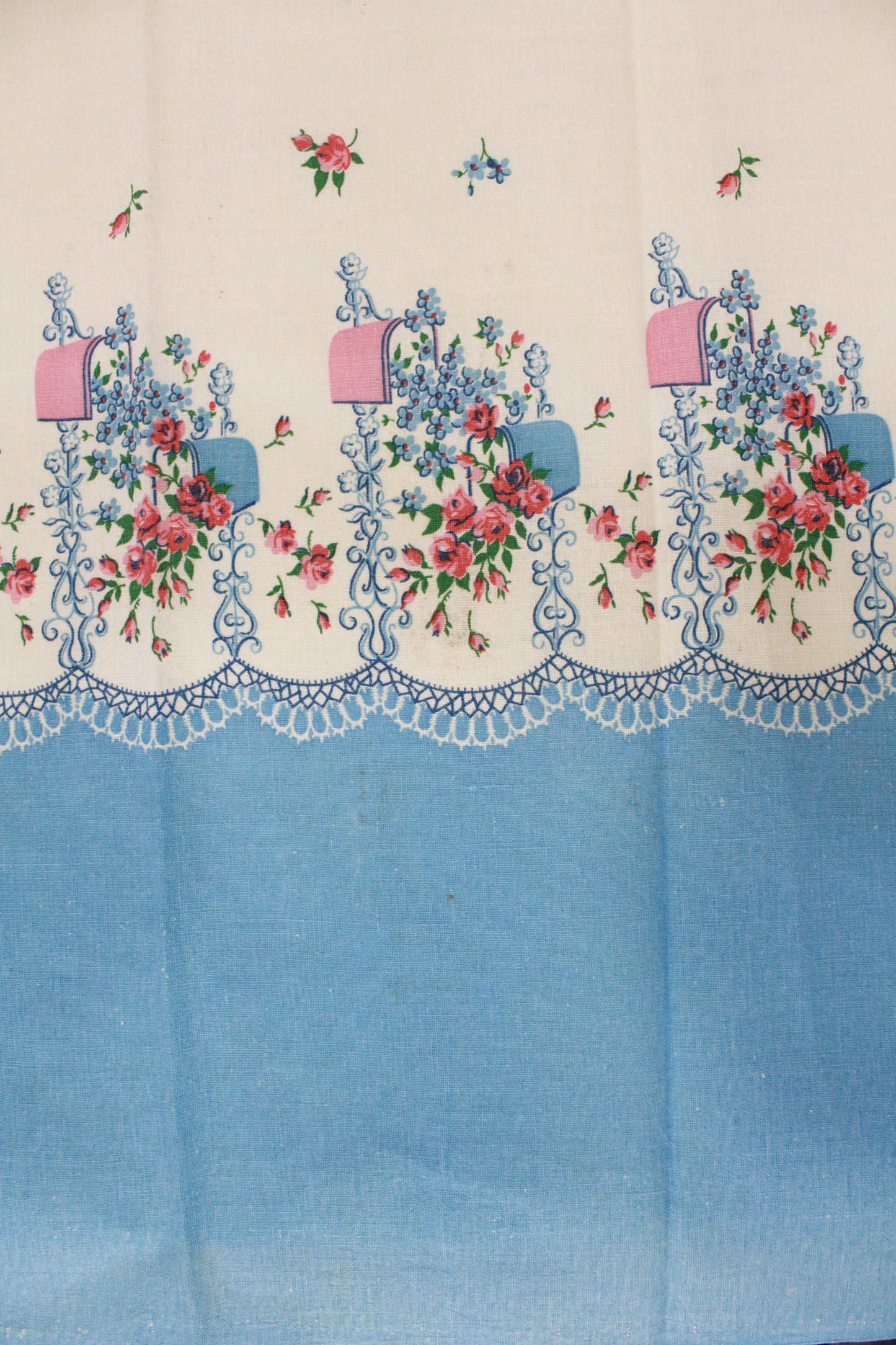 1940s Border Print Feedsack, Blue and Pink Flowers, Cotton Sewing Fabric