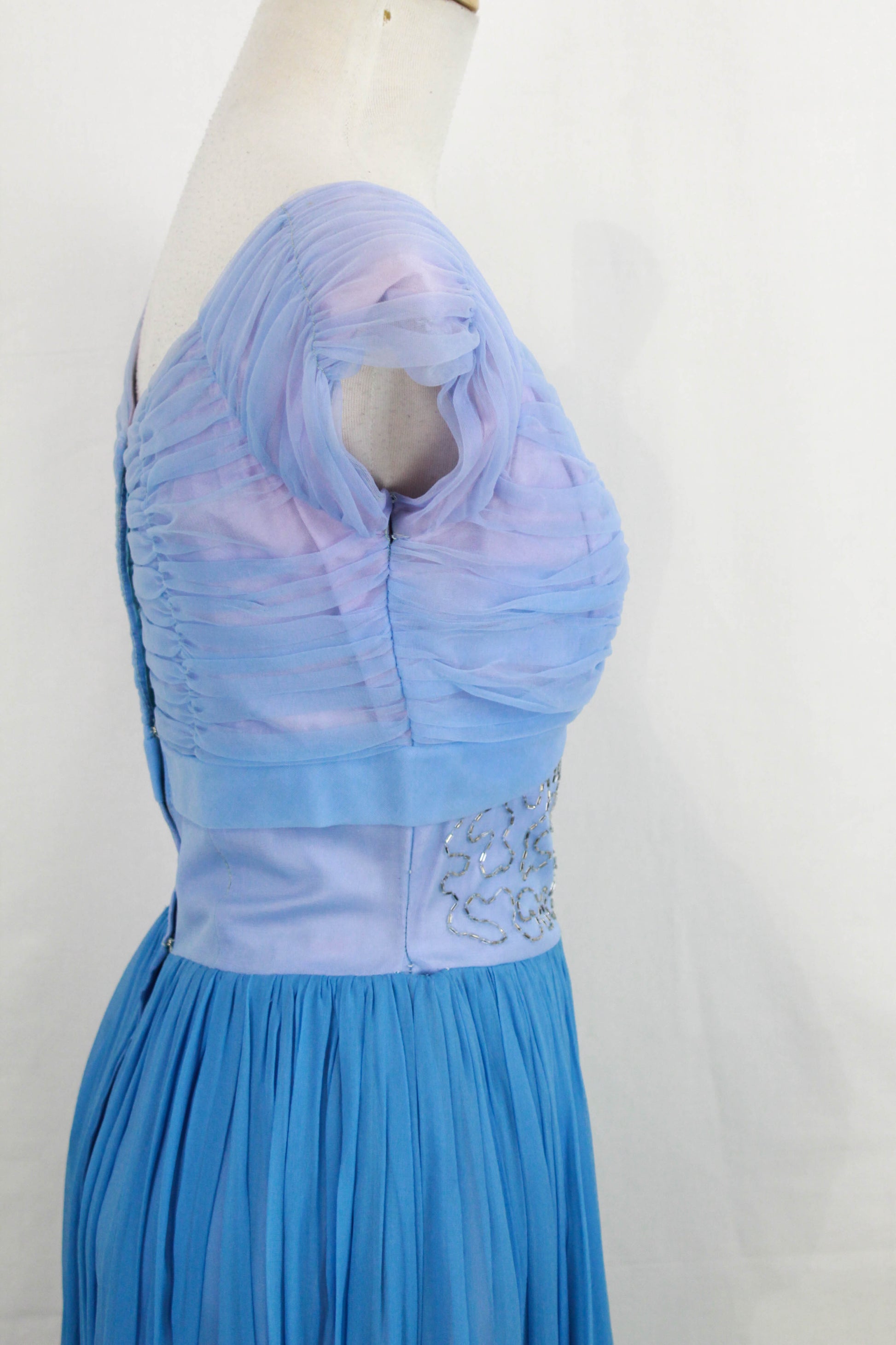 Vintage 1950s Blue and Lilac Chiffon Party Dress, Sequinned/Beaded Waist, Small Vintage 1950s Blue and Lilac Chiffon Party Dress, Sequinned/Beaded Waist, Small