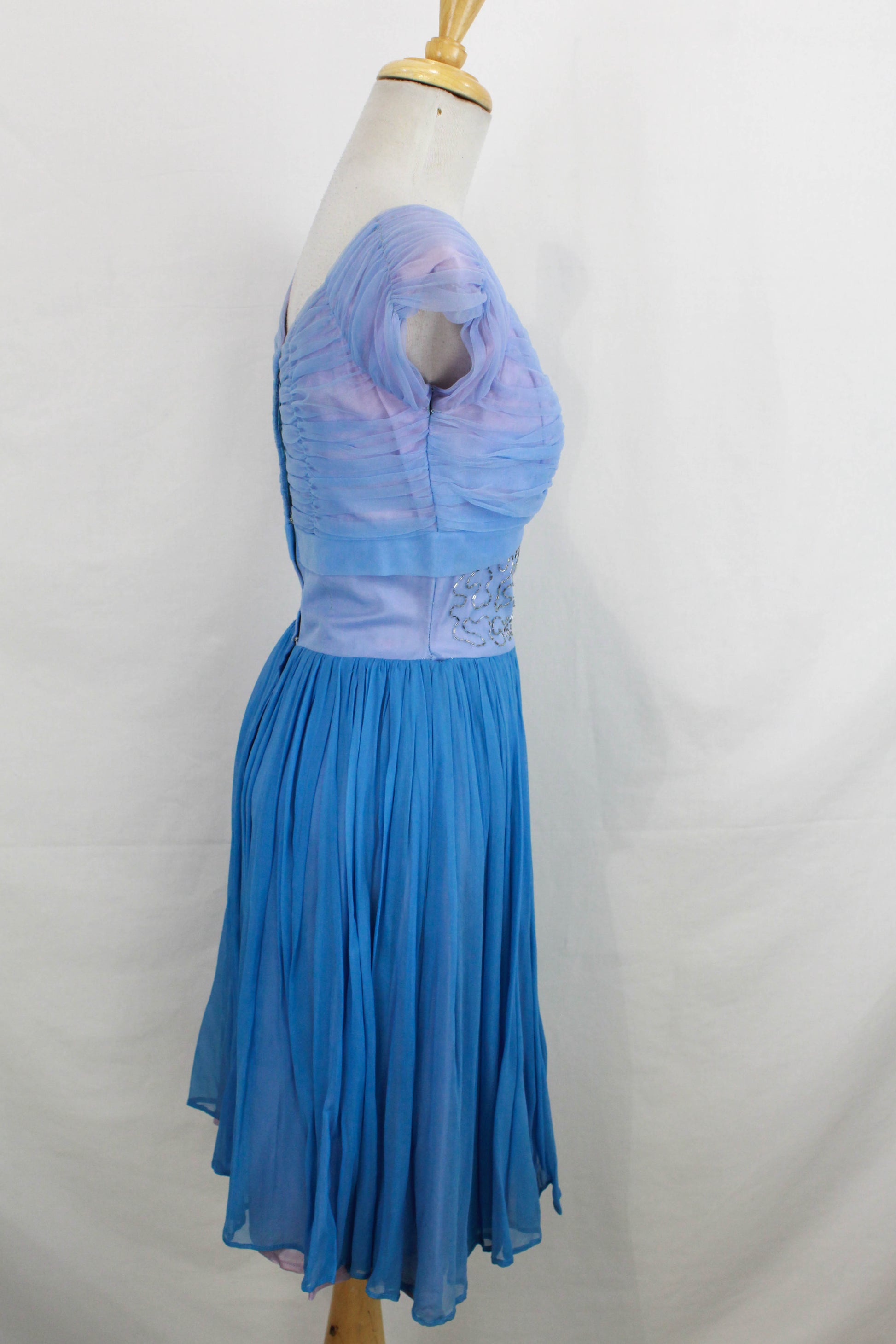 Vintage 1950s Blue and Lilac Chiffon Party Dress, Sequinned/Beaded Waist, Small Vintage 1950s Blue and Lilac Chiffon Party Dress, Sequinned/Beaded Waist, Small