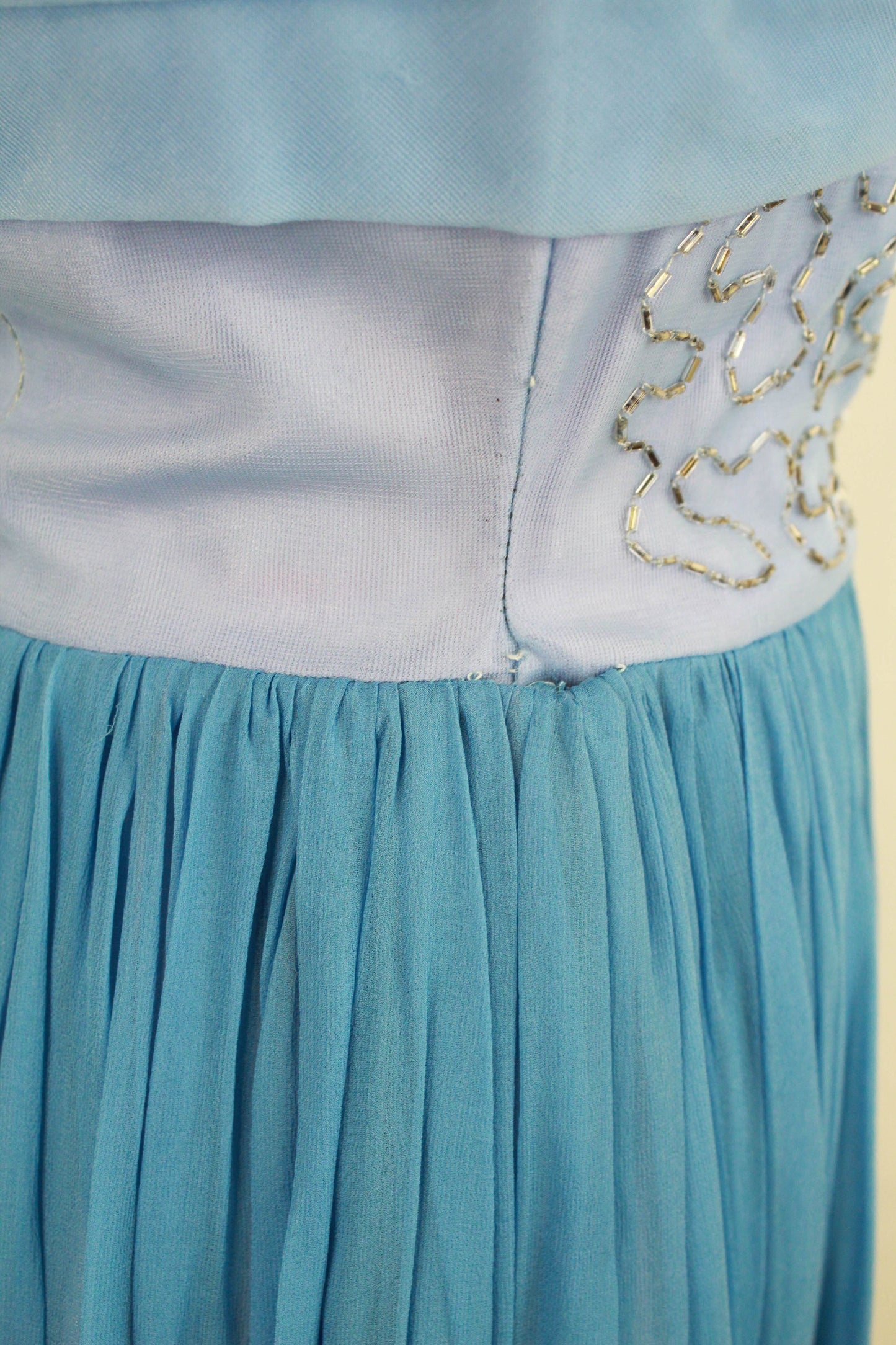 Vintage 1950s Blue and Lilac Chiffon Party Dress, Sequinned/Beaded Waist, Small