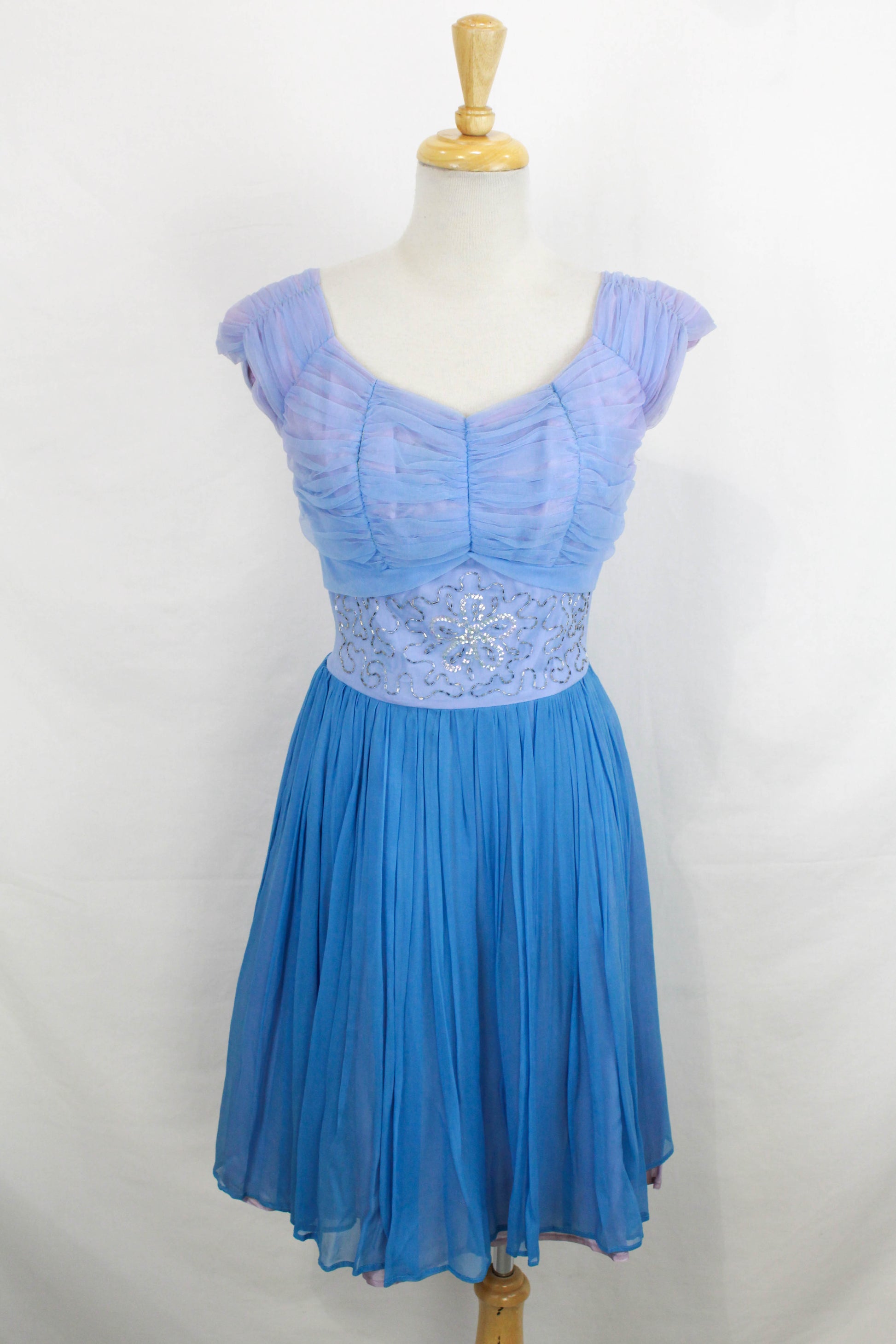 Vintage 1950s Blue and Lilac Chiffon Party Dress, Sequinned/Beaded Waist, Small Vintage 1950s Blue and Lilac Chiffon Party Dress, Sequinned/Beaded Waist, Small