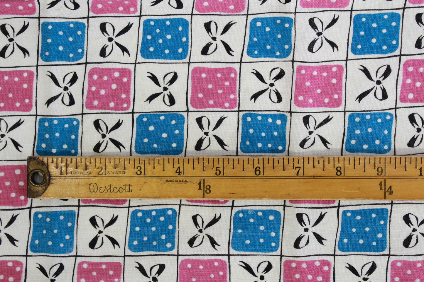 1930s 40s bow print feedsack cotton pink and blue squares
