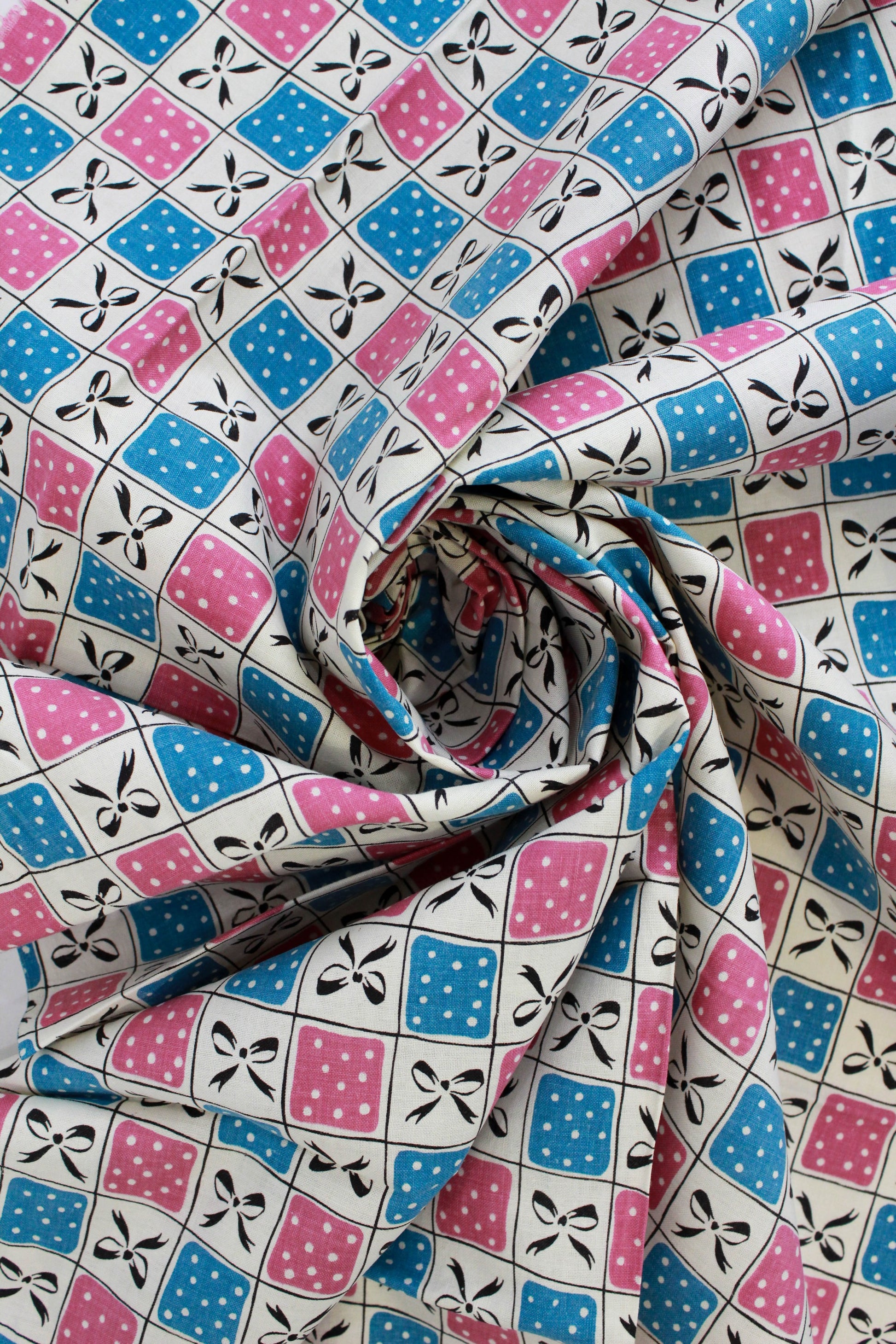 1930s 40s bow print feedsack cotton pink and blue squares