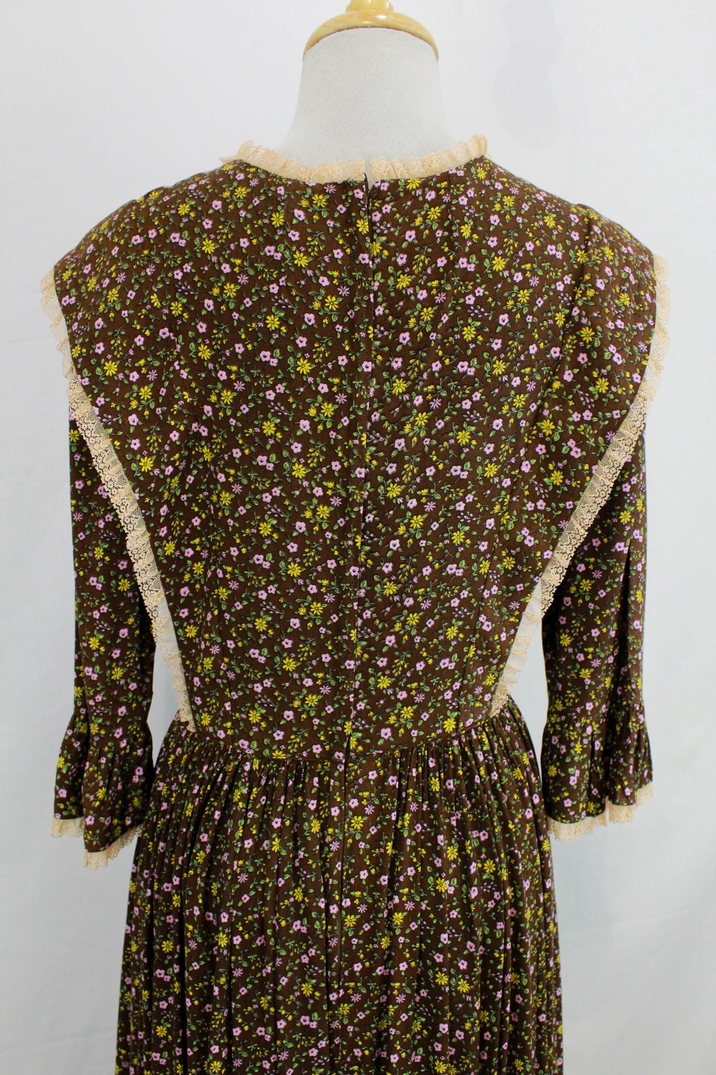 1960s Brown Floral Prairie Dress and Bonnet, 1967 Centennial Maxi Dress