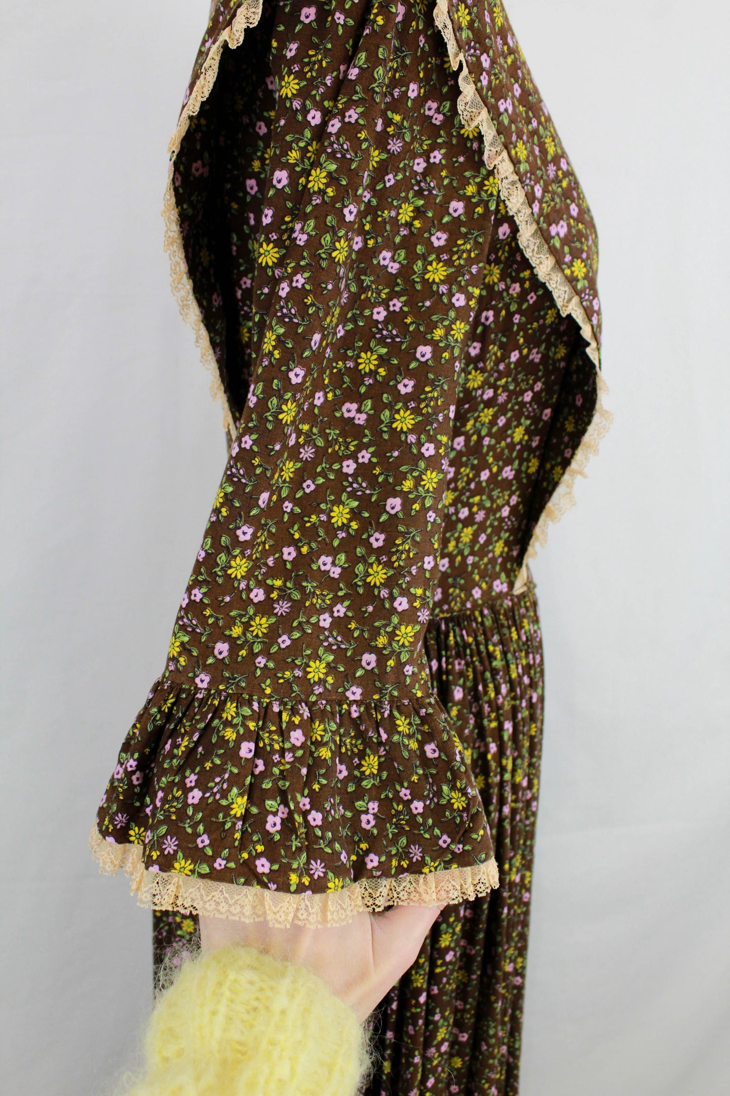 1960s Brown Floral Prairie Dress and Bonnet, 1967 Centennial Maxi Dress