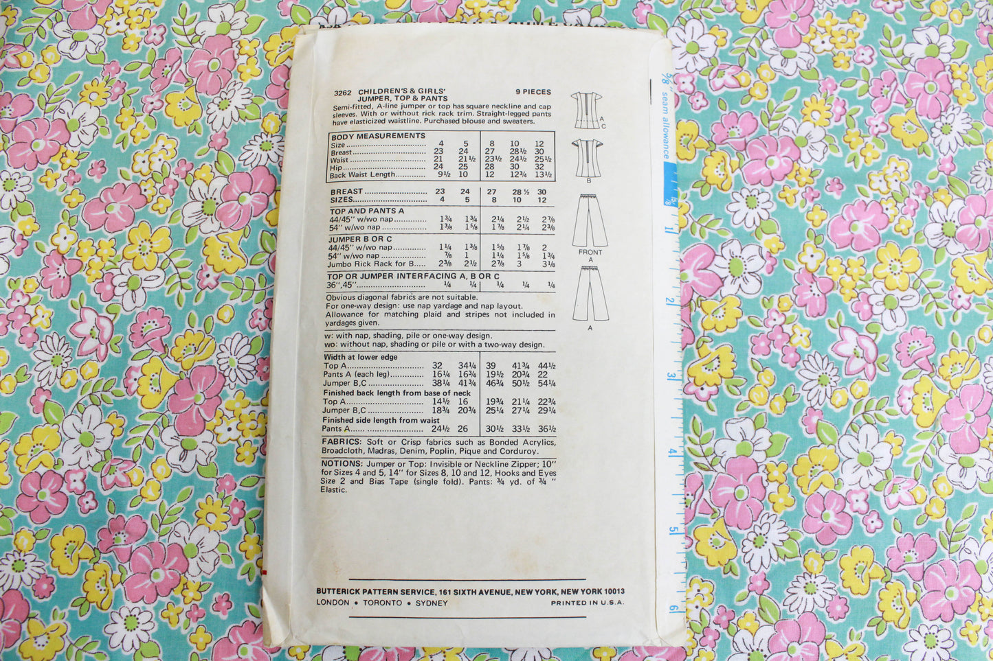 1970s Girls Tunic/Jumper, Top and Pants Sewing Pattern Butterick 3262, Complete, UNCUT FF, Chest 30"