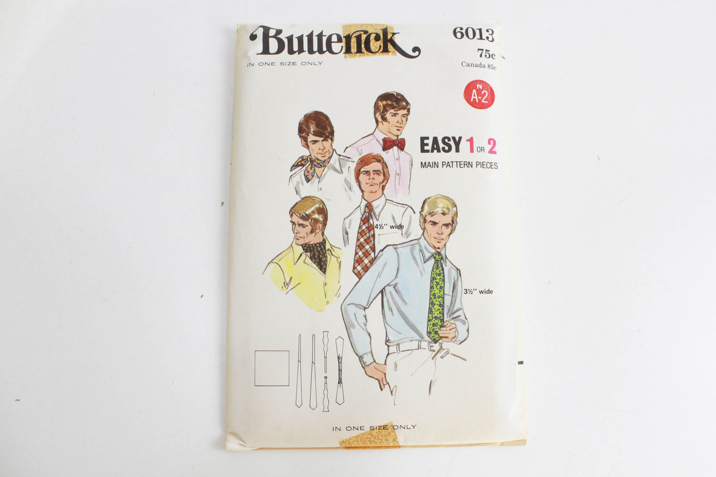 1960s Men's Ties Sewing Pattern Butterick 6013, Bowtie, Ascot, Square Scarf, Ties in 2 Widths, UNUSED
