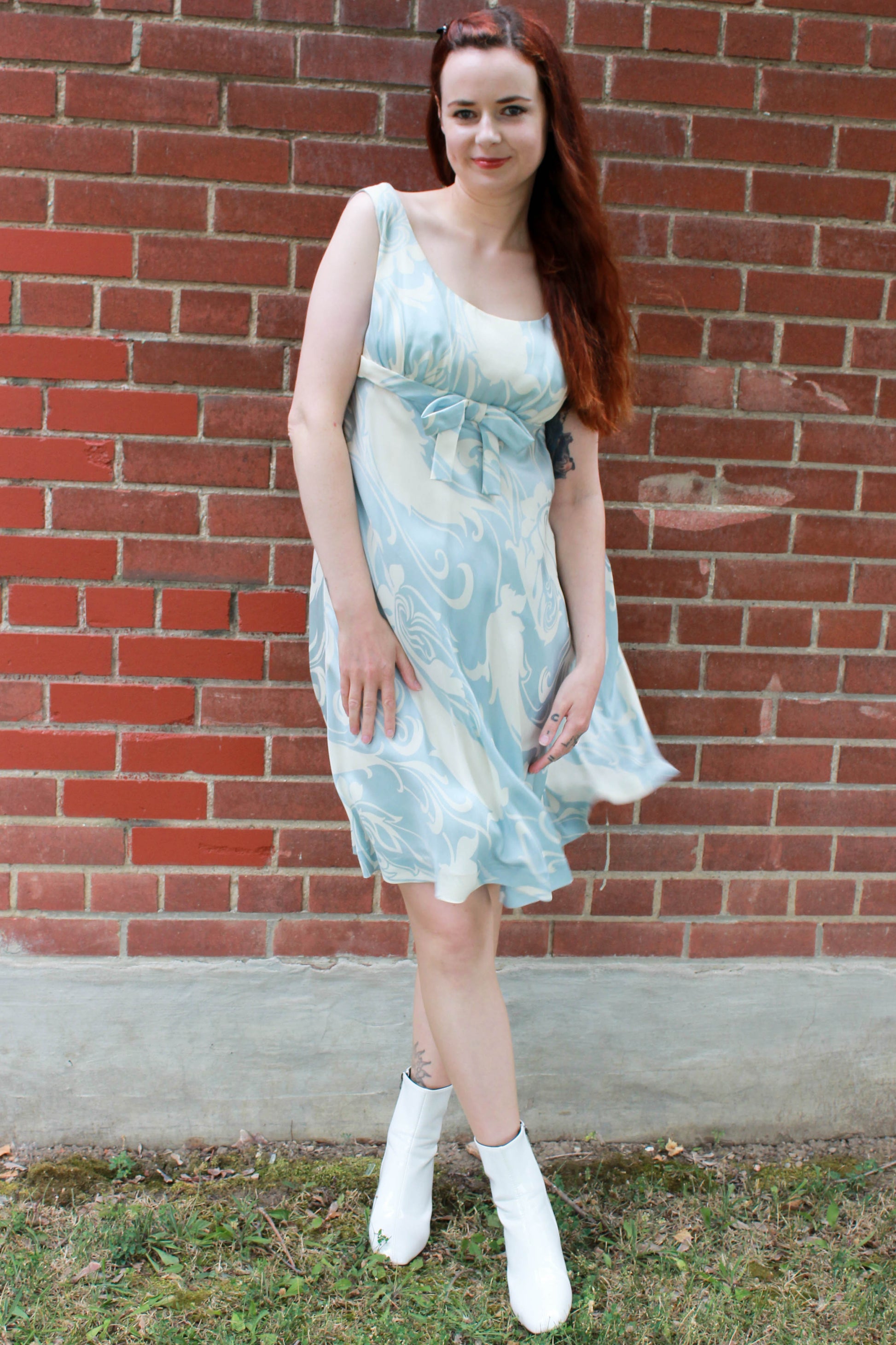 Vintage 1960s Ceil Chapman Blue Cream Silk Print Mod Dress