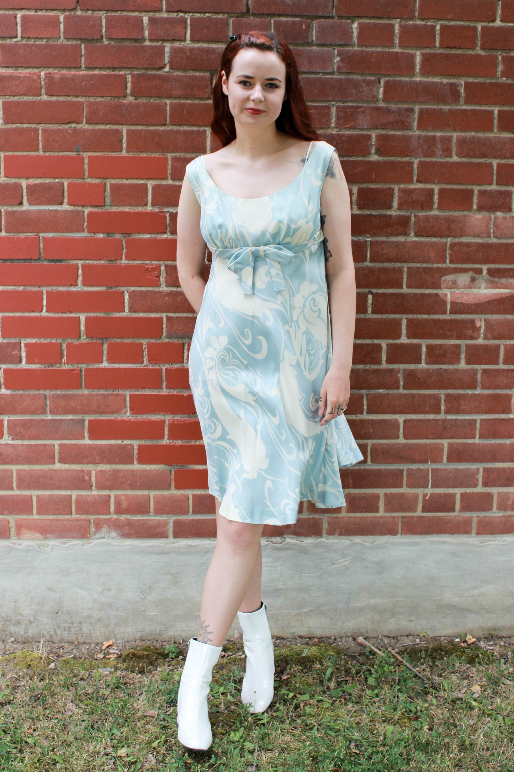 Vintage 1960s Ceil Chapman Blue & Cream Silk Print Mod Dress, Medium Vintage 1960s Ceil Chapman Blue & Cream Silk Print Mod Dress, Medium