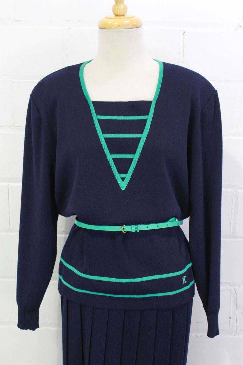 80s Vintage Celine Wool Skirt and Top Set, Navy Blue with Green Stripe and Trim, Old Celine\