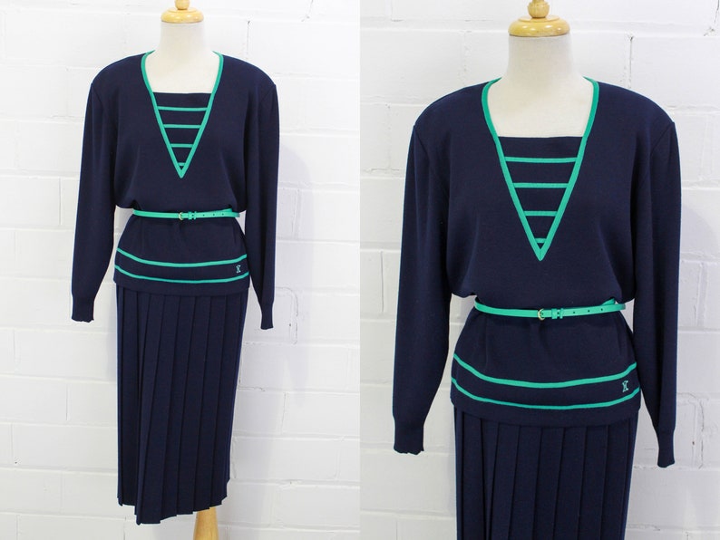 80s Vintage Celine Wool Skirt and Top Set, Navy Blue with Green Stripe and Trim, Old Celine