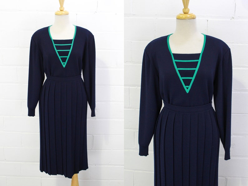 80s Vintage Celine Wool Knit Skirt Set, Navy Blue with Turquoise