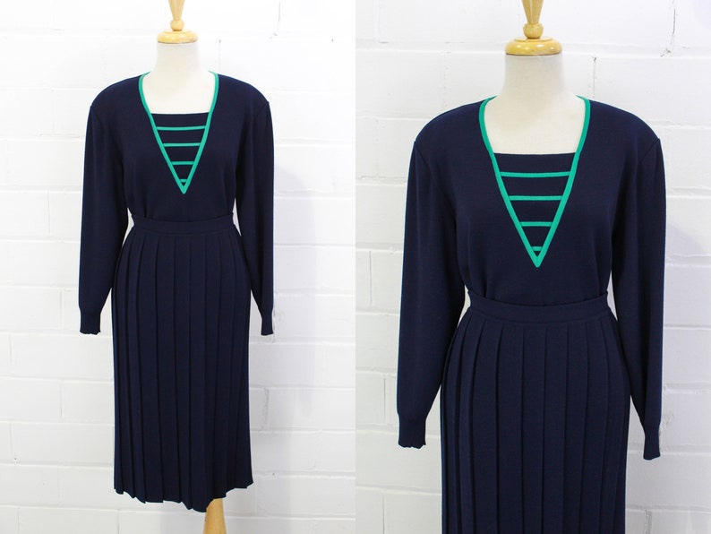 80s Vintage Celine Wool Skirt and Top Set, Navy Blue with Green Stripe and Trim, Old Celine