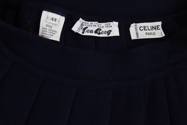 80s Vintage Celine Wool Knit Skirt Set, Navy Blue with Turquoise