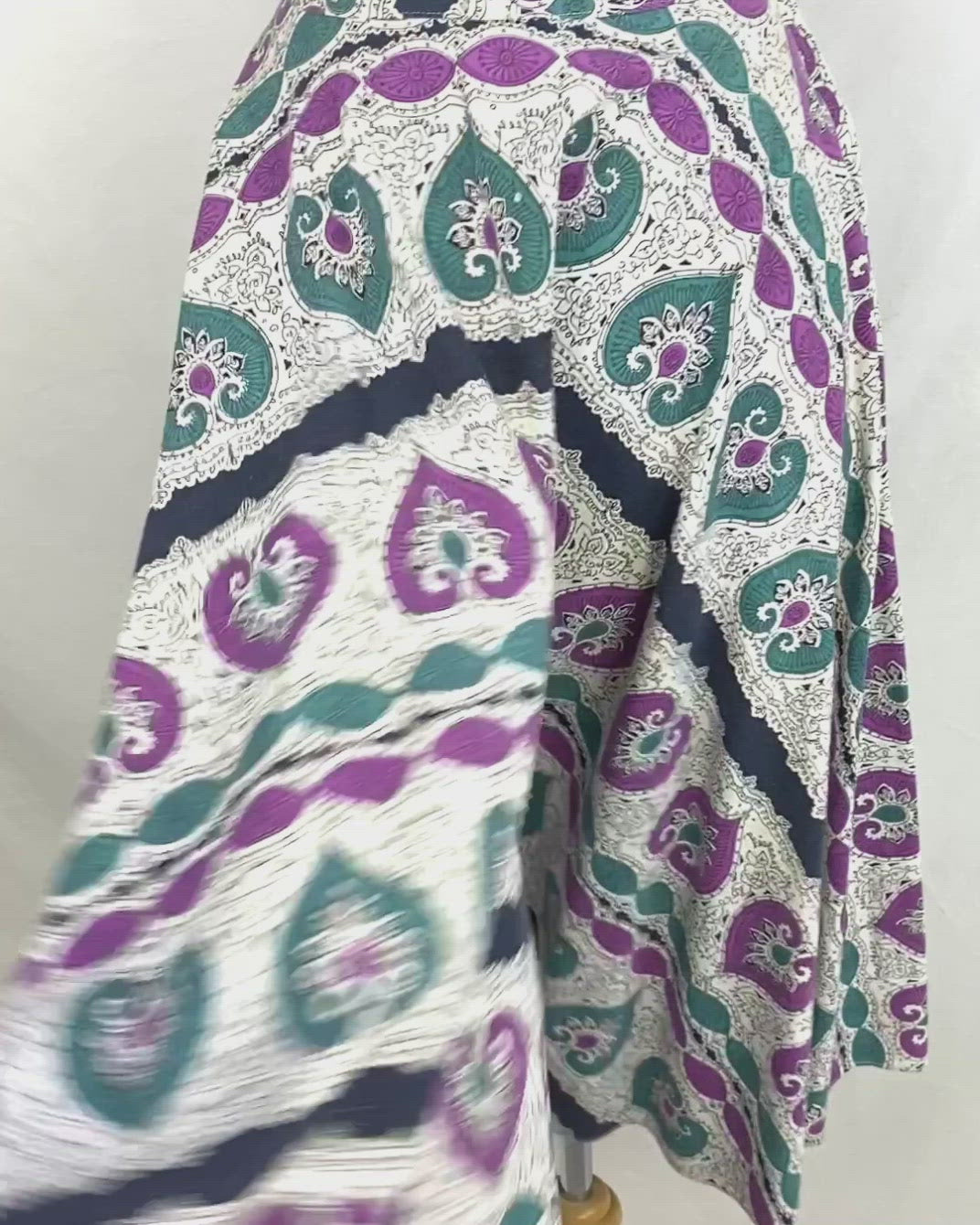 A video of a vtg 50s Indian print skirt in motion. Ian Drummond Vintage. 