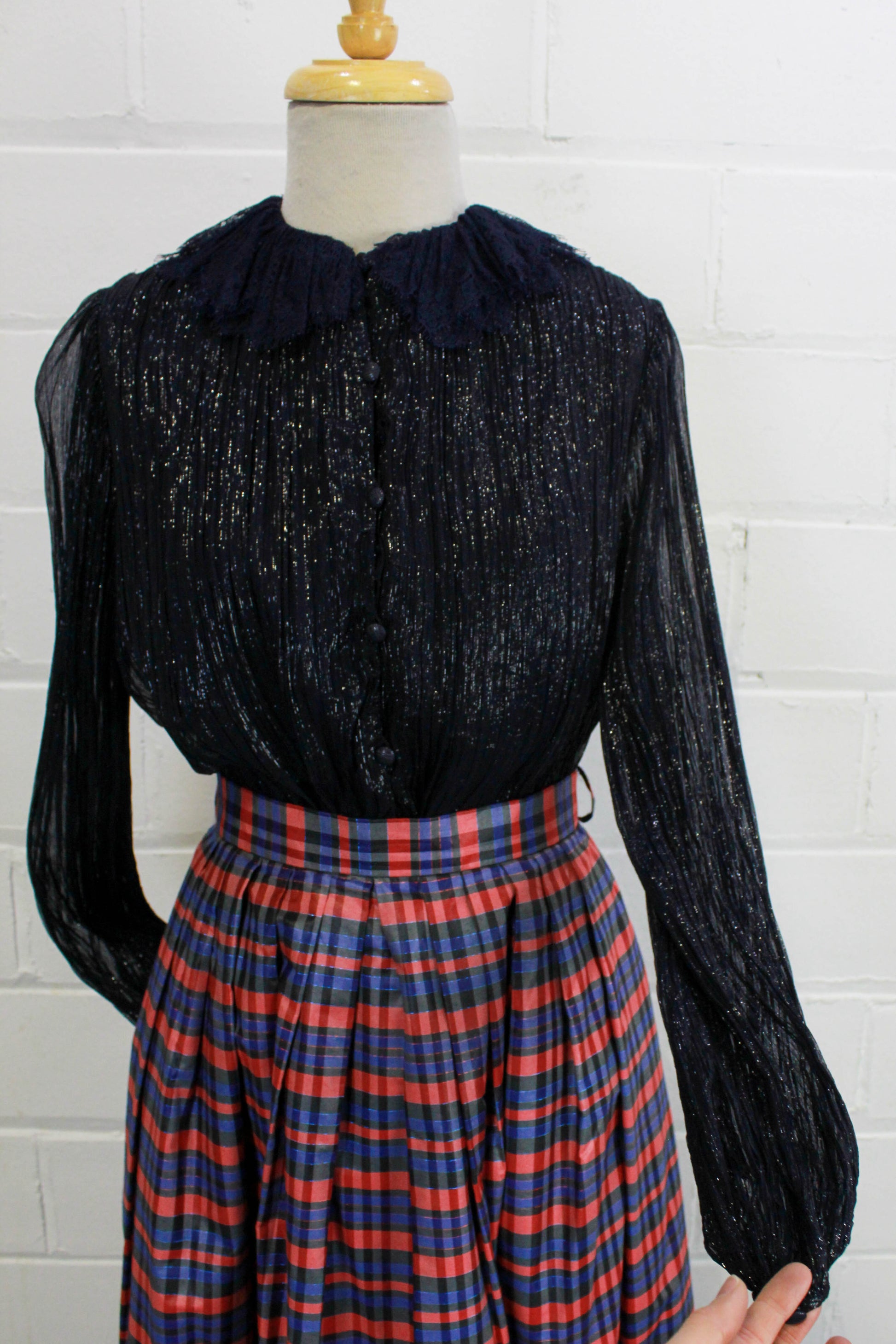 1990s chanel blouse with lace ruffle collar, made from navy silk lurex 