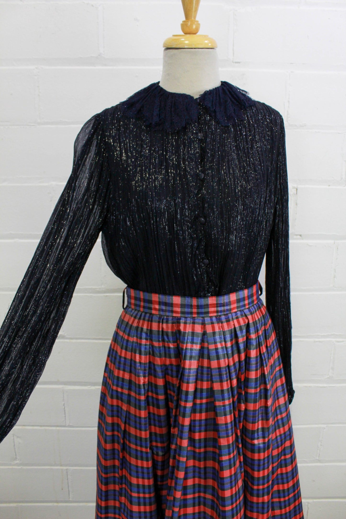 1990s chanel blouse with lace ruffle collar, made from navy silk lurex 