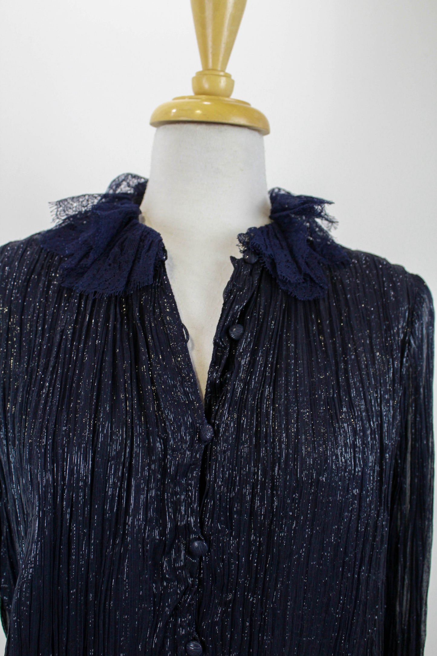 80s Chanel Silk Ciré Navy Blue Blouse Metallic with Lace Ruffle Collar