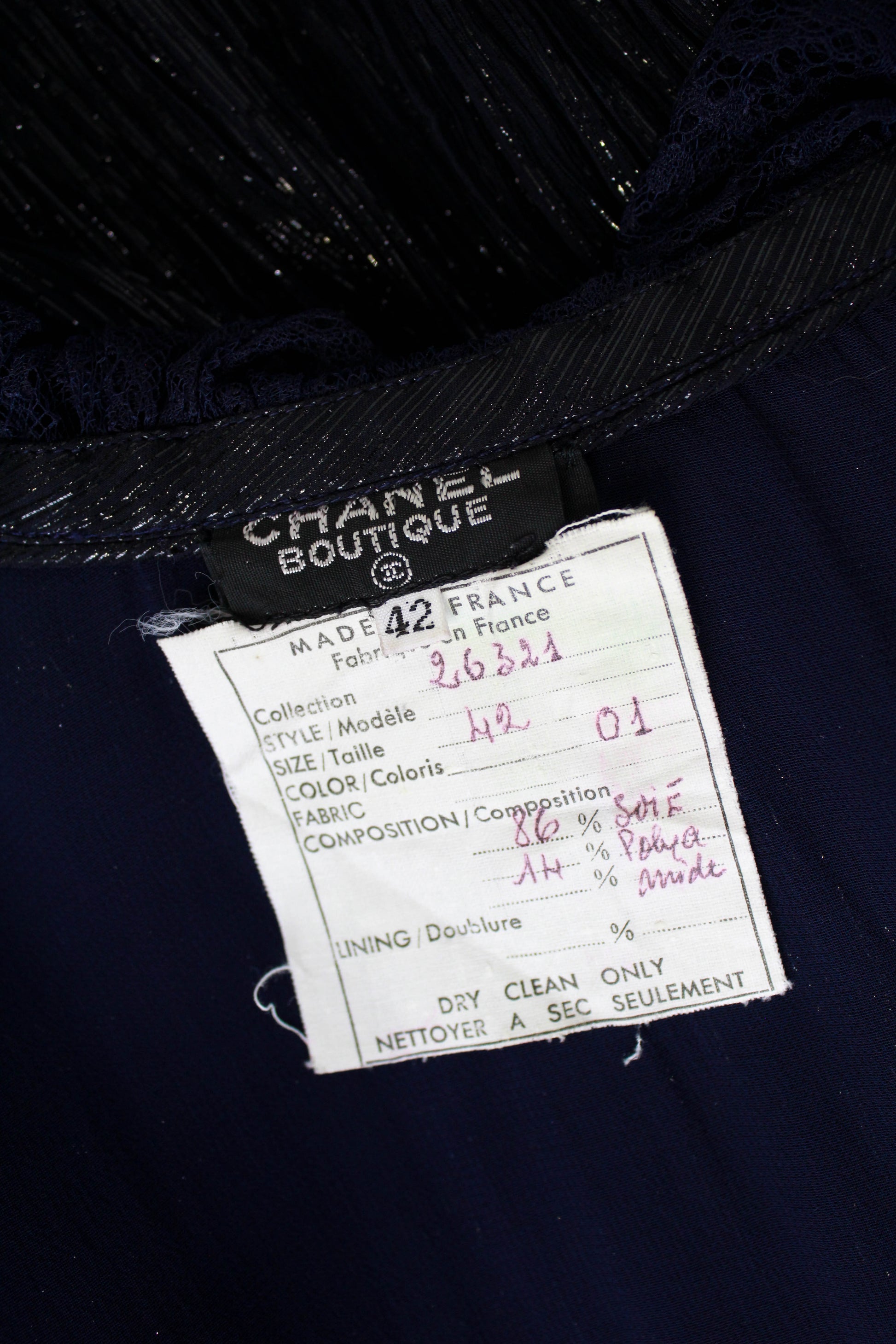 Vintage Chanel Silk Ciré Navy Blue Blouse Metallic with Lace Ruffle Collar