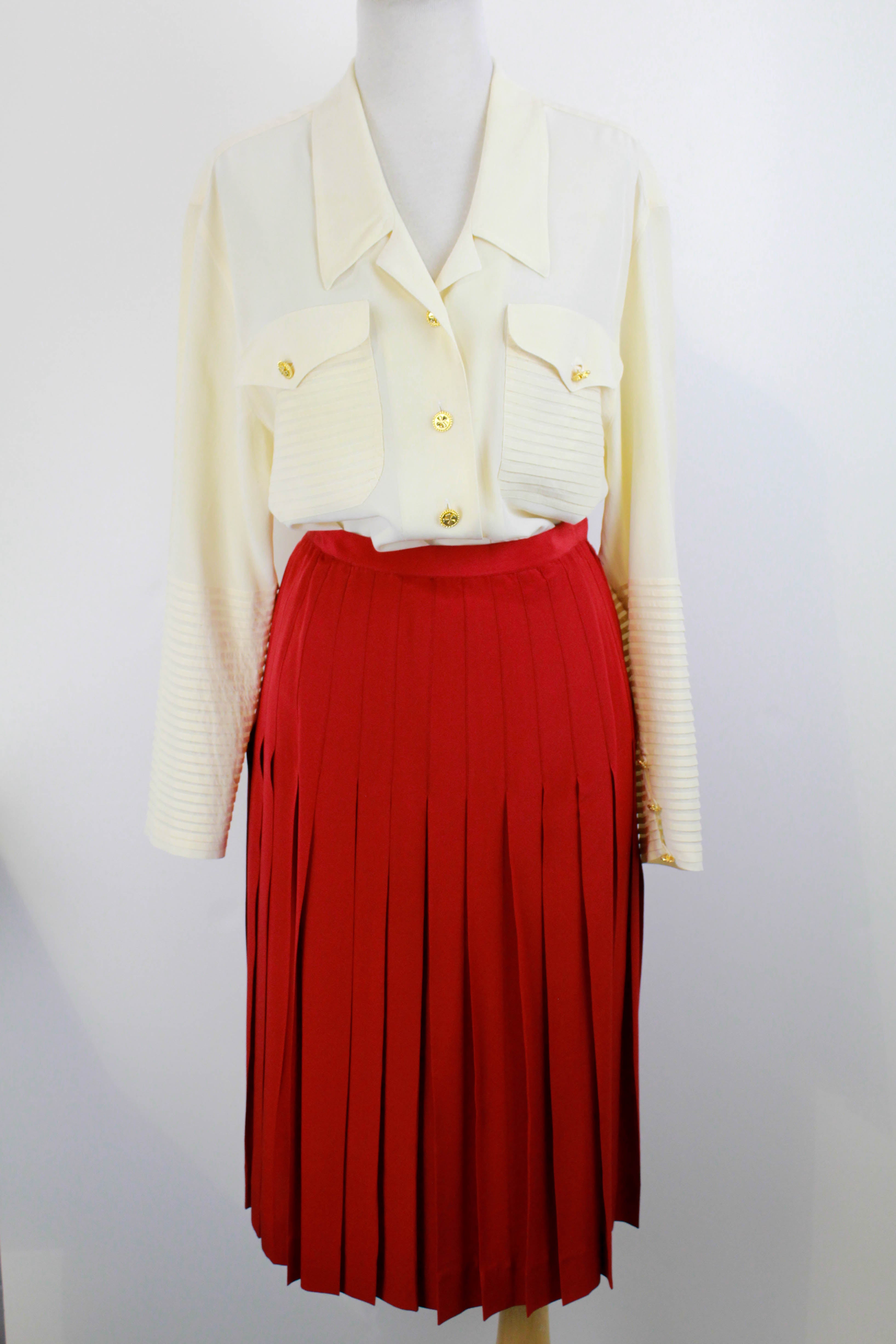 80s Vintage Chanel Red Silk Pleated Skirt