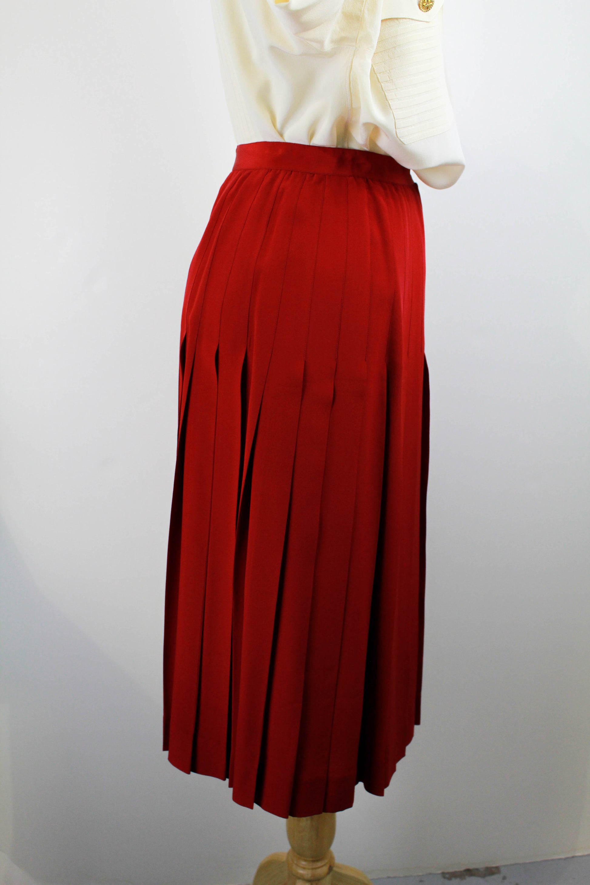 80s Vintage Chanel Red Silk Pleated Skirt