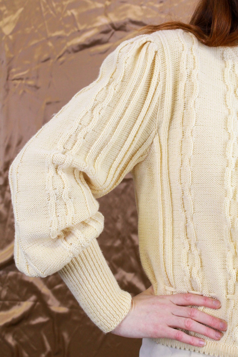 1980s Wool Austrian Trachten Cardigan Cream Cableknit Puff Sleeves