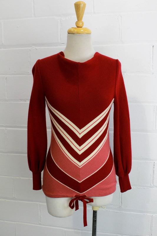 1970s Crissa Linea Italiana Knit Sweater Diagonal Stripe Pure Wool Bishop Sleeves
