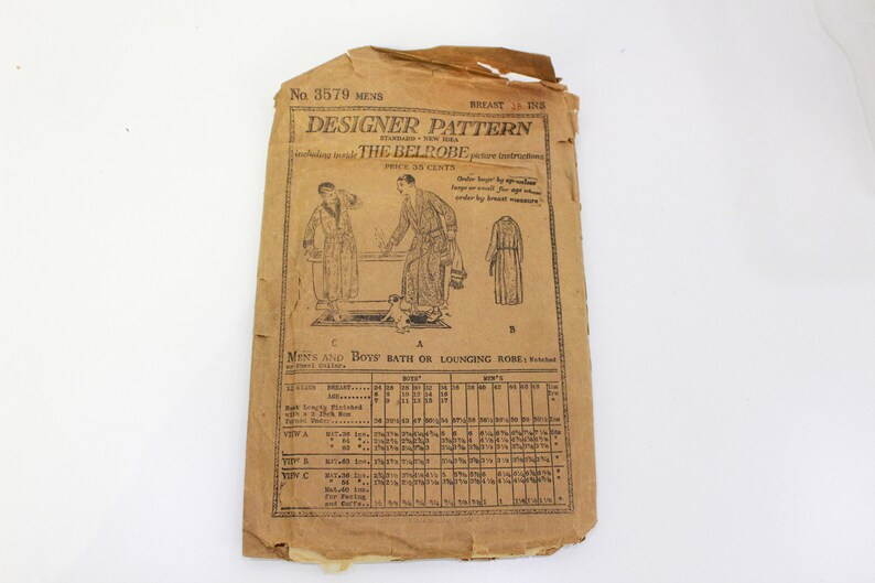 1920s mens boys bathrobe sewing pattern designer pattern 3579