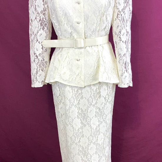 Vintage 1980s Cream Lace 2-Piece Skirt & Jacket Suit Set, Small