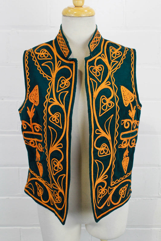 1970s cord embroidery cotton felt vest made in Pakistan, vintage hippie boho vest