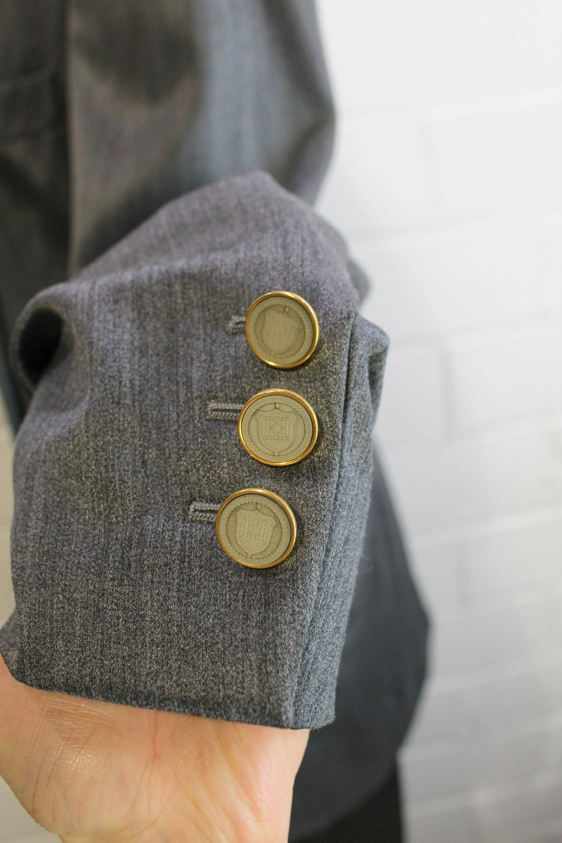 80s Vintage Escada Blazer Grey Wool Shiny, Large Lapel, Logo Buttons, Pockets