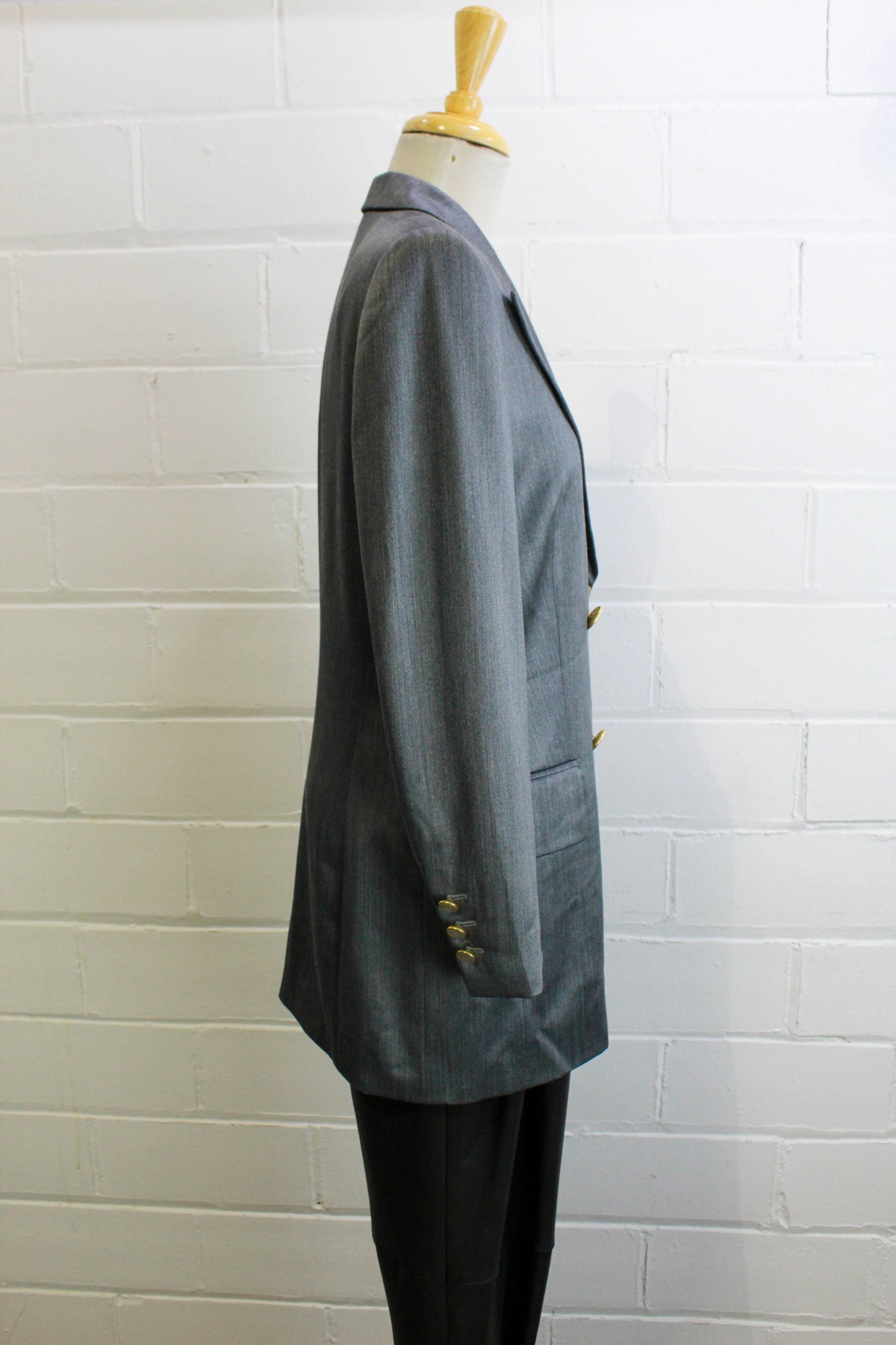 80s Vintage Escada Blazer Grey Wool Shiny, Large Lapel, Logo Buttons, Pockets