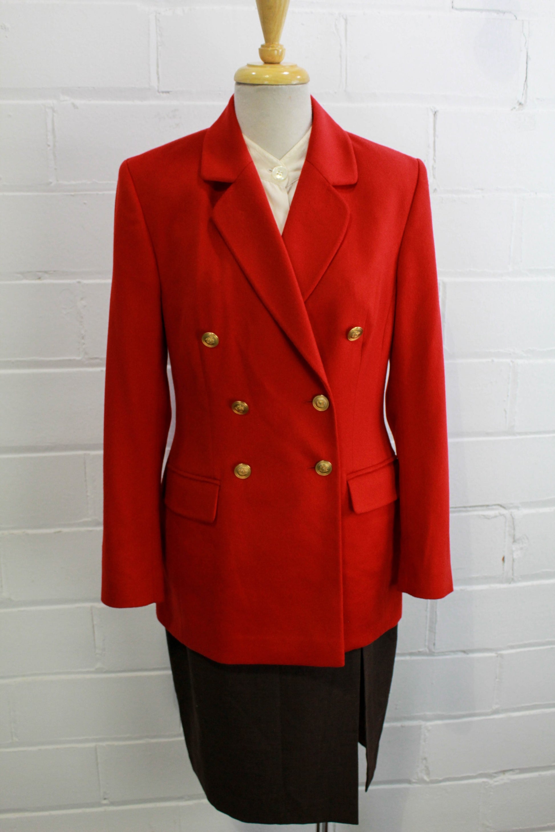 80s Red Wool Angora Blazer with Gold Buttons Front View, PocketsVintage 1980s Bright Red Angora Wool Blazer, Small