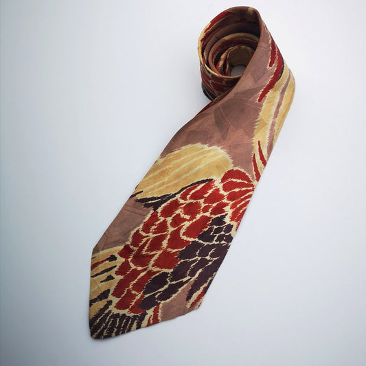 1940s wide rayon necktie with bird wing print red and yellow