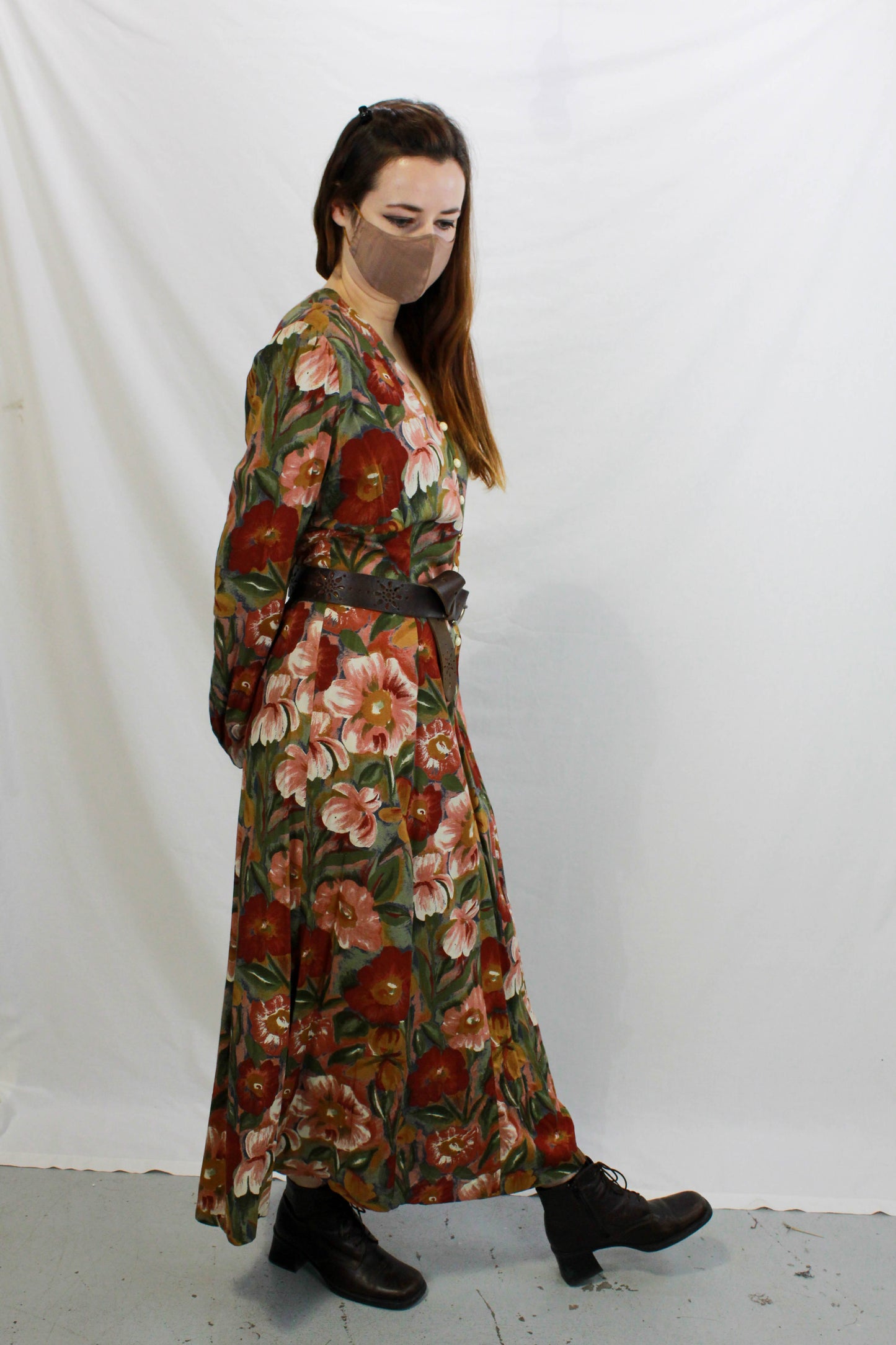 1990s Vintage Floral Rayon Maxi Dress, Button Front Women's 90s Dress