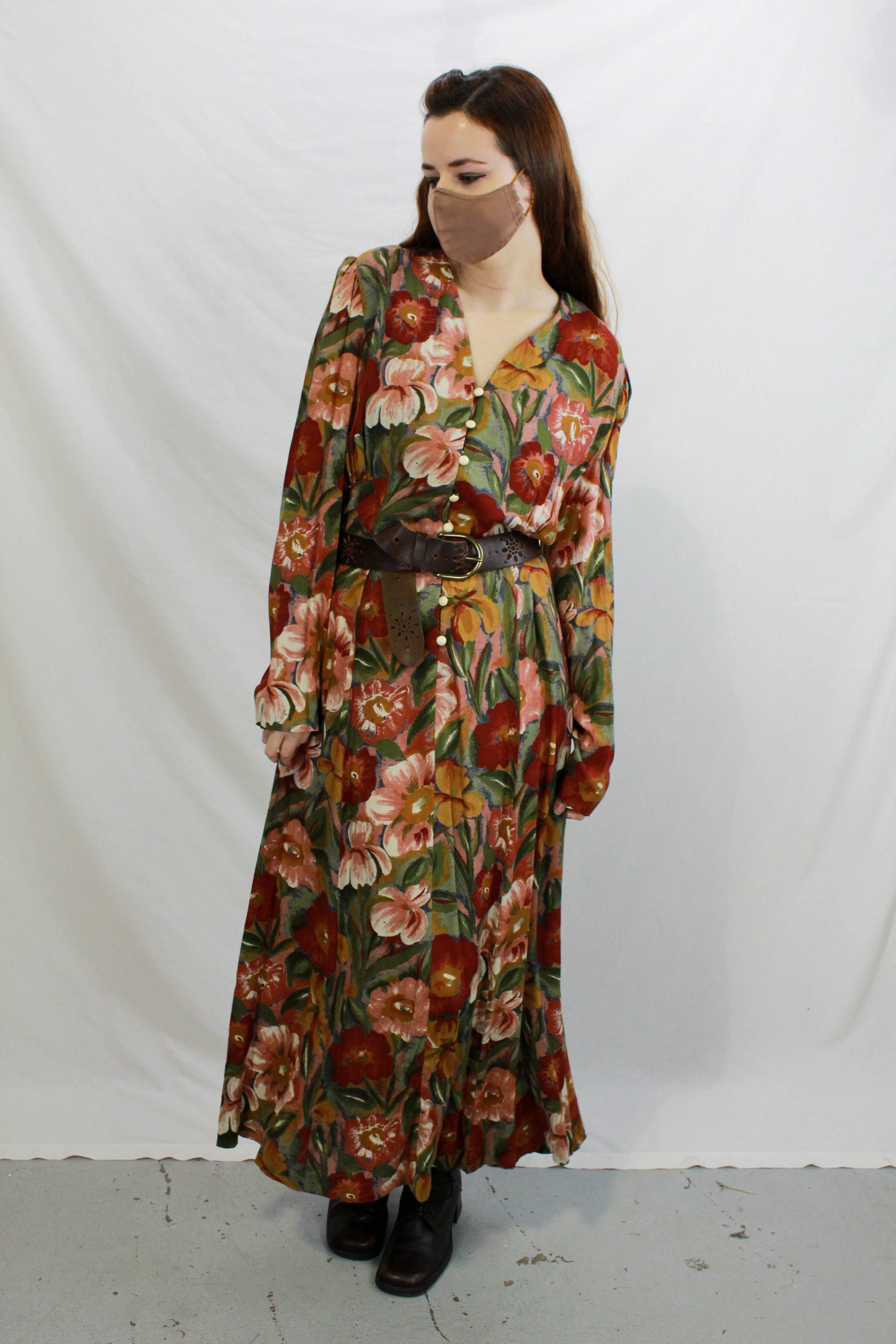 1990s Vintage Floral Rayon Maxi Dress, Button Front Women's 90s Dress 