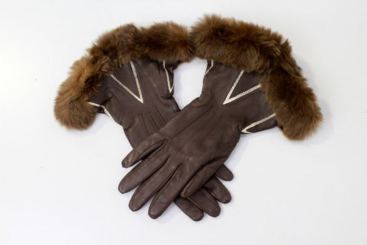 Vintage Fur Trimmed Brown Leather Gloves, Size 6 3/4