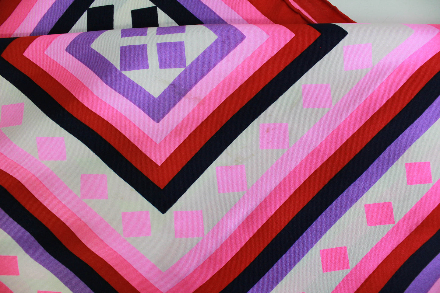1970s Geoffrey Beene Silk Scarf, Bright Pink Geometric Print