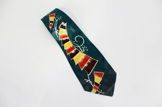 1940s green abstract print necktie wide tongue rayon swing tie